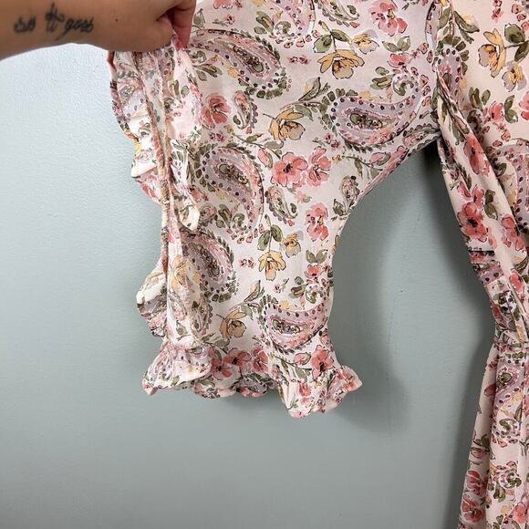 Dress Forum Floral Paisley Chiffon Ruffle Angel Sleeve Mini Dress V-Neck Small - Picture 4 of 7